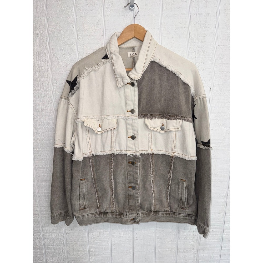 POL Denim Jacket Women Grey Cream Colorblock Star Frayed SMJ113B Small